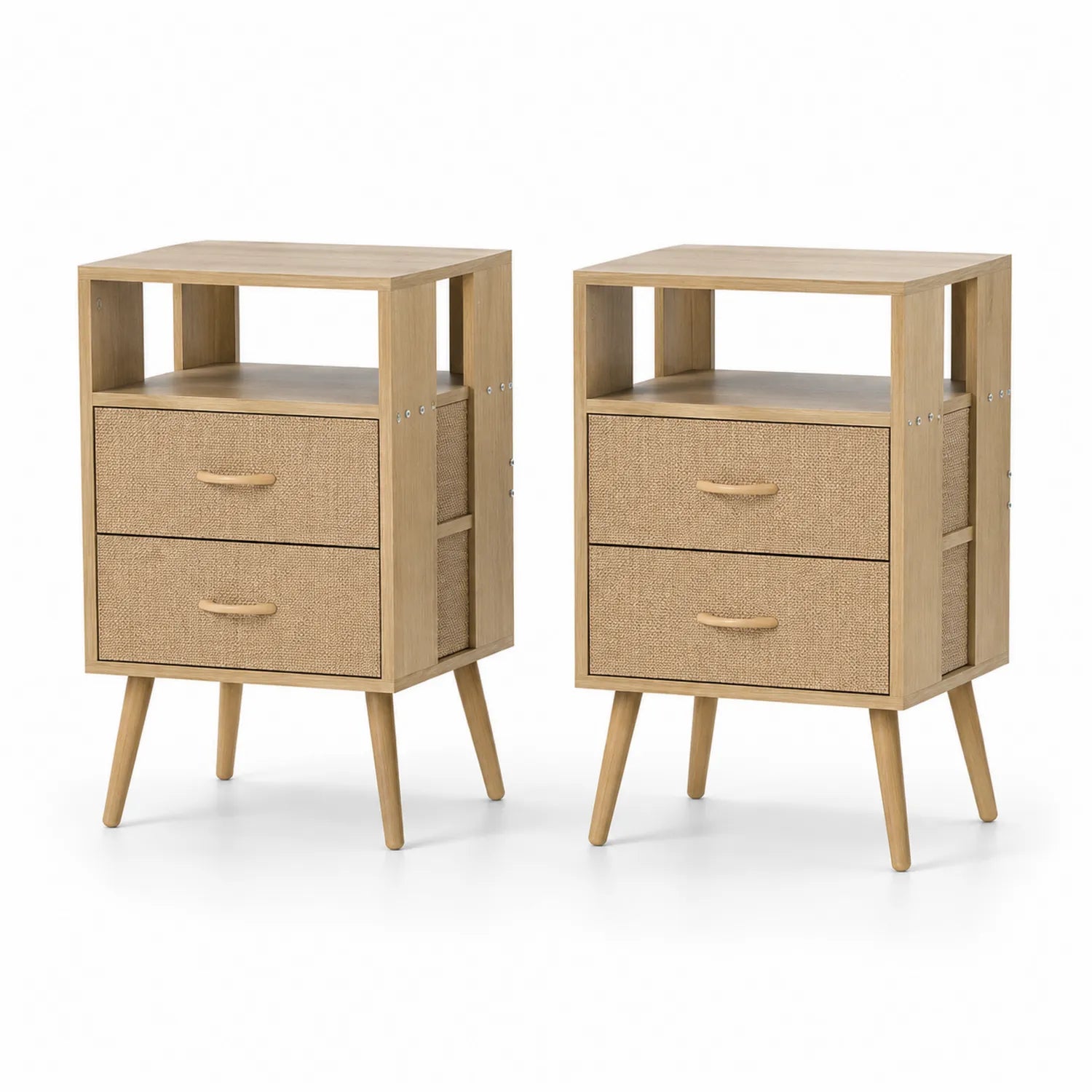 Nachttisch-Set aus Holz und Rattan mit 2 Schubladen, Natur